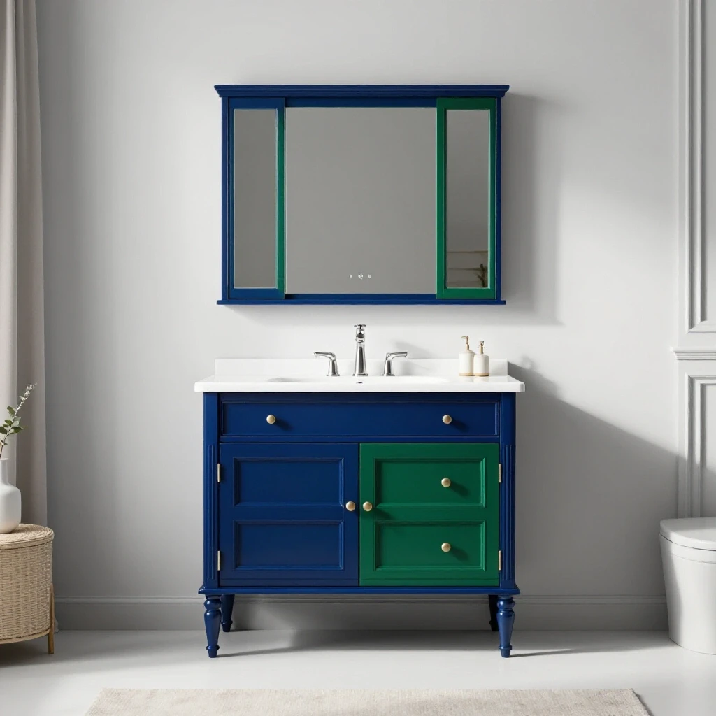A beautifully styled bathroom featuring a unique, deep blue mirror cabinet with soft, muted decor and bold reflections.