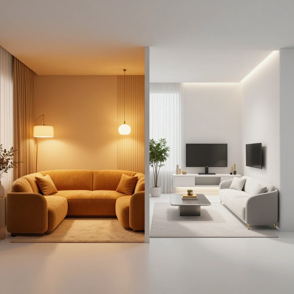 A vibrant 3D-rendered image showing two contrasting living spaces: one warm and cozy, the other sleek and modern, illustrating light temperatures.