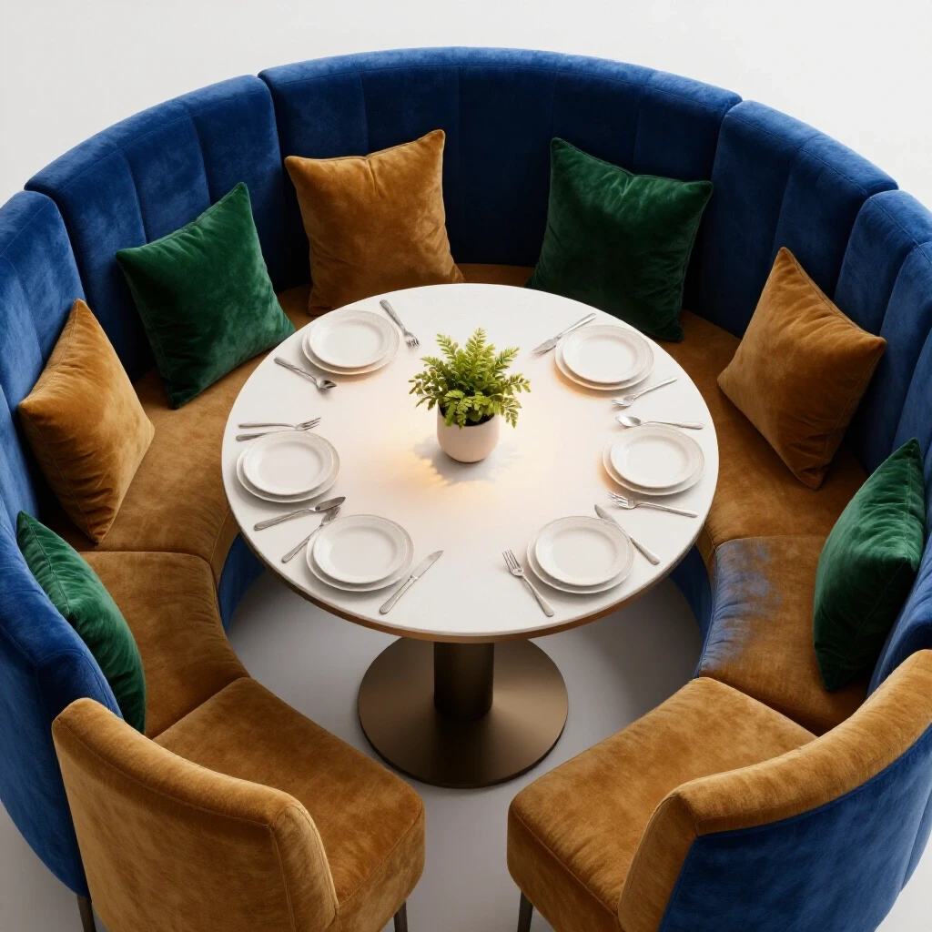 Elegant dining area with plush banquette seating, featuring rich colors and warm lighting, inviting ambiance.