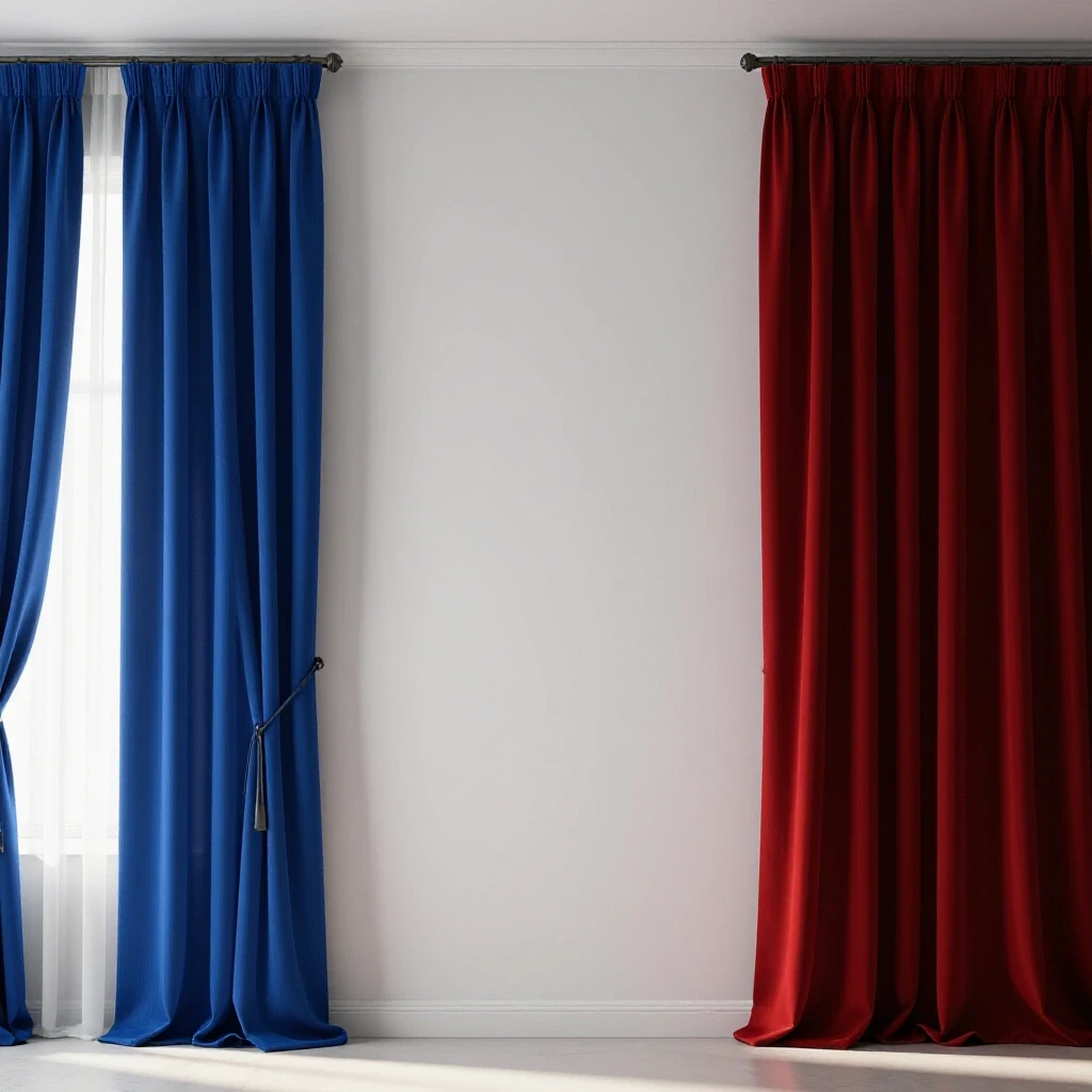 A split scene showcasing a bright room with colorful curtains and a dimly lit space with heavy curtains, illustrating curtain choices impact on ambiance.