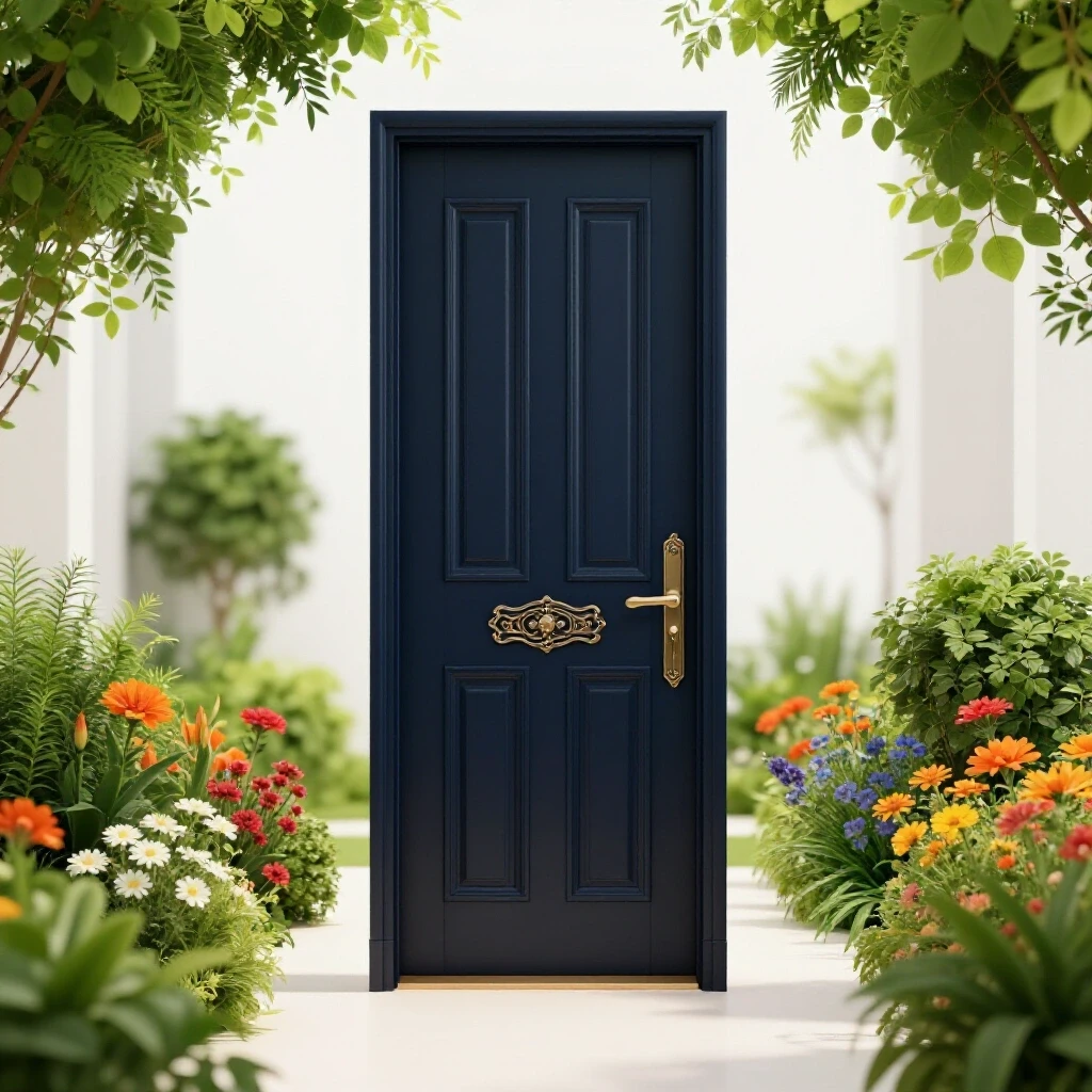 A vibrant front door with ornate hardware and a bold handle, surrounded by lush greenery and flowers, showcasing curb appeal.