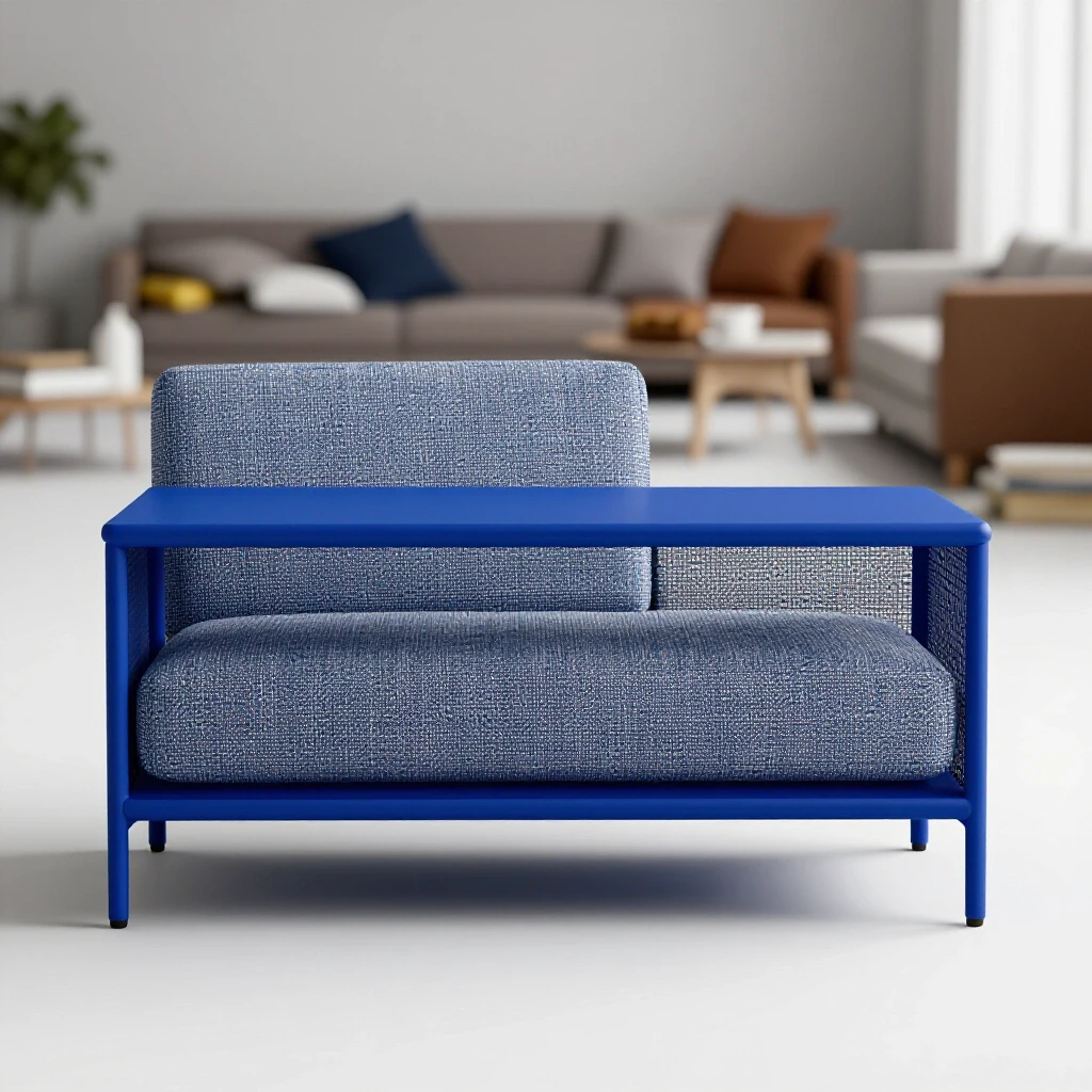 A minimalist living room featuring a deep royal blue furniture piece, contrasted by a blurred cluttered background, showcasing functional decor solutions.