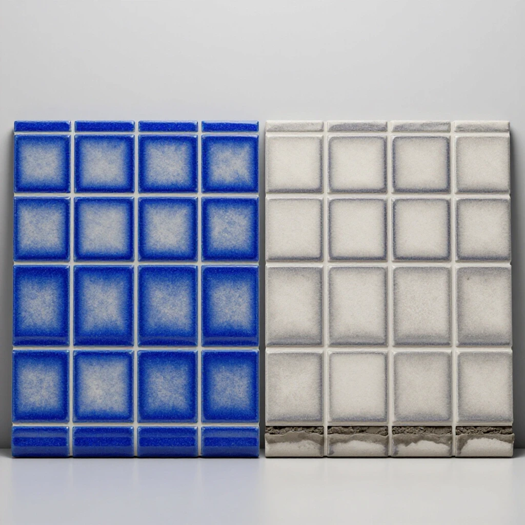 A split view image showing vibrant fresh grout alongside faded grout in a ceramic tile installation.