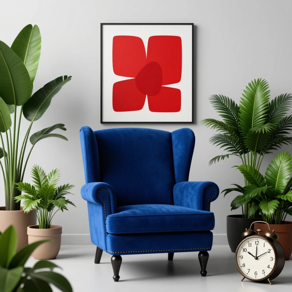 A stylish living room setup featuring a vintage royal blue armchair, modern art, and lush greenery against a bright background.