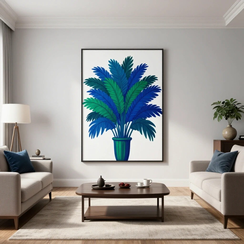 A vibrant living room showcasing an eclectic piece of oversized art against a light grey background, with rich colors and inviting atmosphere.