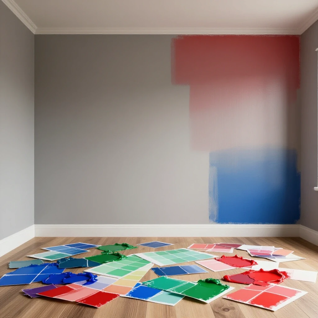 A vibrant room showcasing a half-painted wall, with contrasting paint swatches spread across the floor, illustrating color choice chaos.