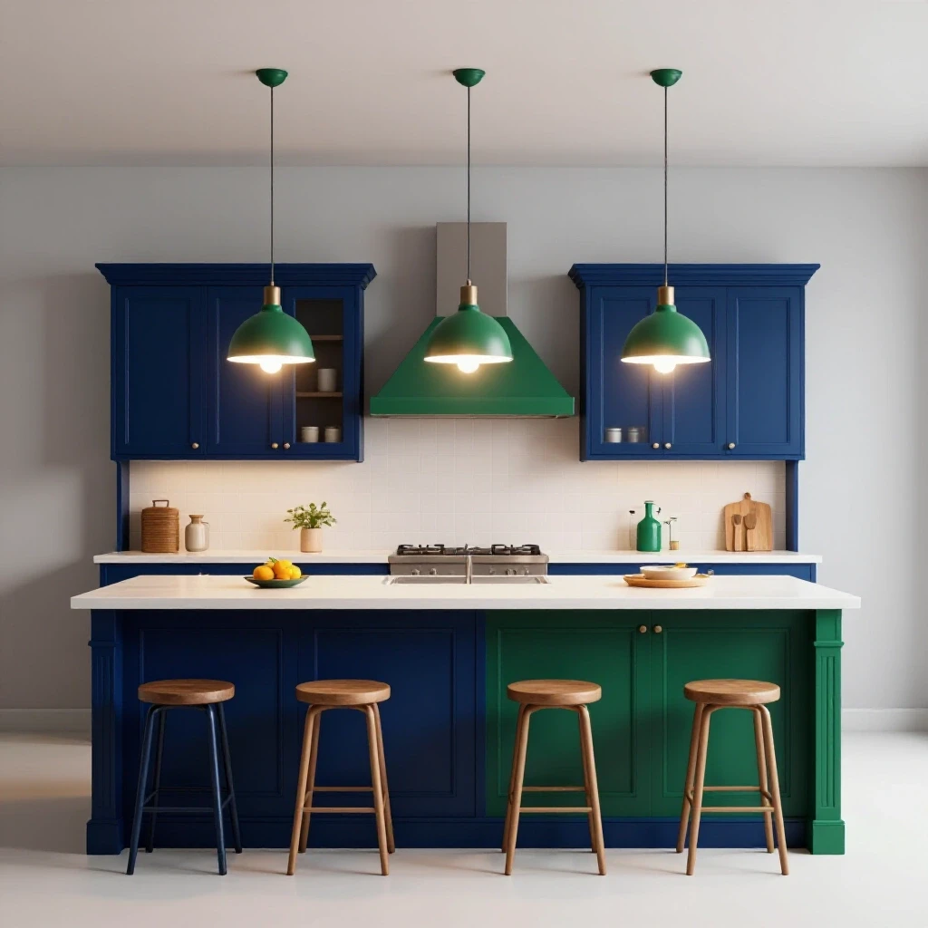 Stylishly designed kitchen island with pendant lights showcasing vibrant colors and soft lighting effects, avoiding glare.