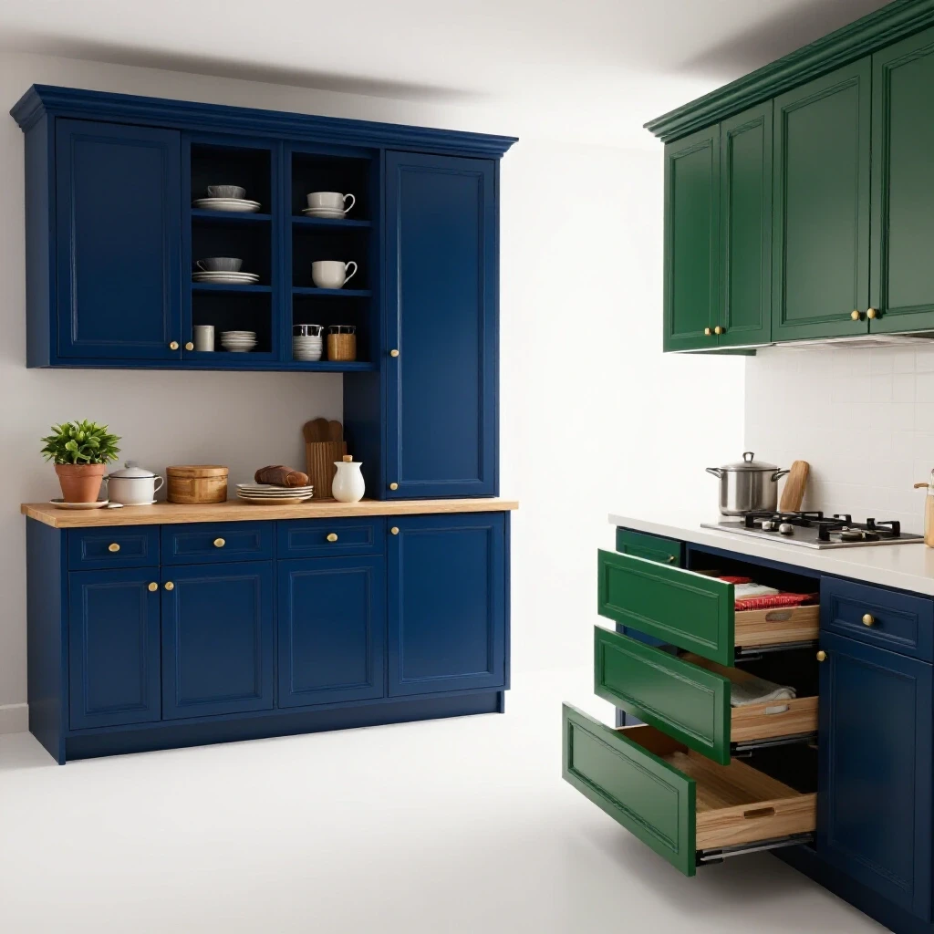 A visual comparison of a cluttered kitchen with traditional cabinets and a sleek kitchen with modern pull-out drawers, highlighting design transformation.
