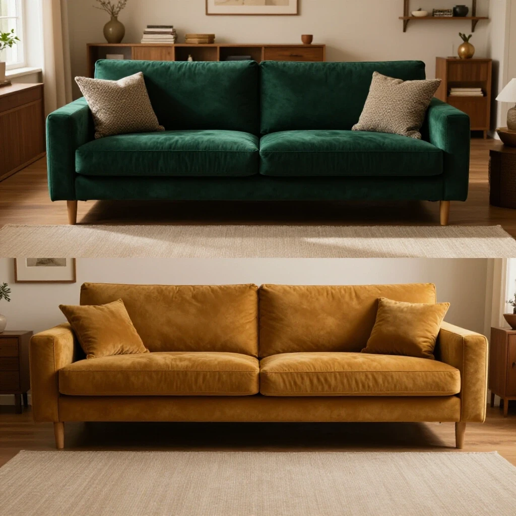 A cozy living room featuring two contrasting sofas, one deep emerald green and another in intense amber, highlighting comfort choices.