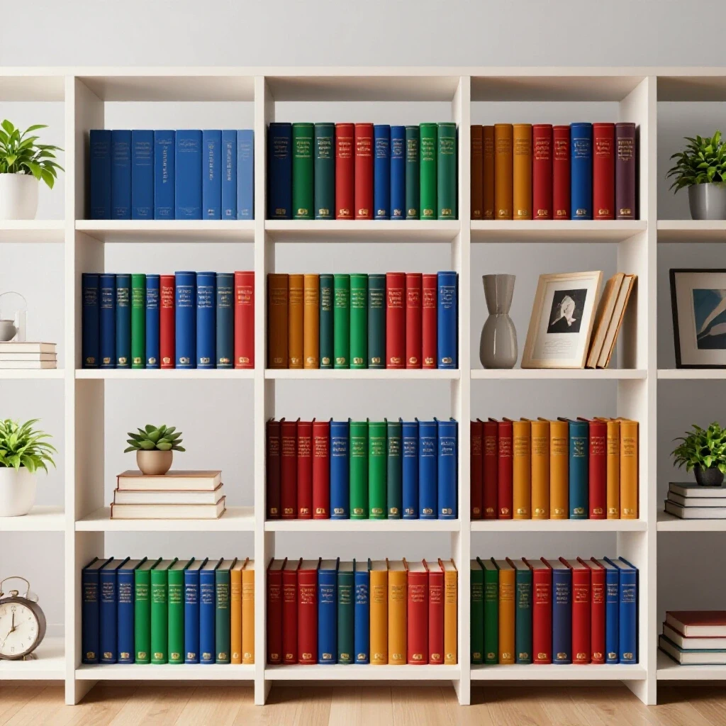 Stylish bookshelf in a bright living space, featuring colorful books and decorative items with a cozy atmosphere.
