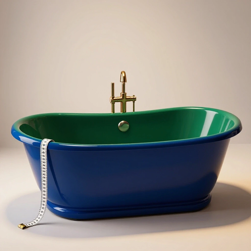 A luxurious oversized bathtub with a measuring tape draped over its edge, set in a serene, well-lit bathroom.
