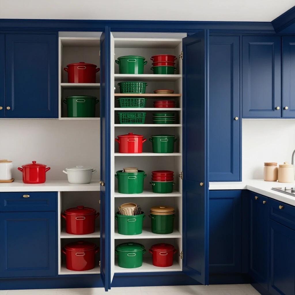 A beautifully organized kitchen cabinet with open storage displaying colorful arrangements and varying cabinet depths.