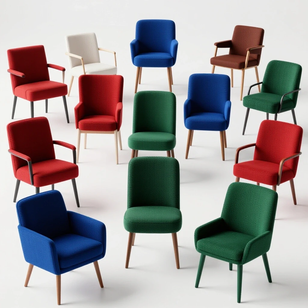 A vibrant living room featuring chairs at varying heights in rich colors, inviting exploration of seating options.