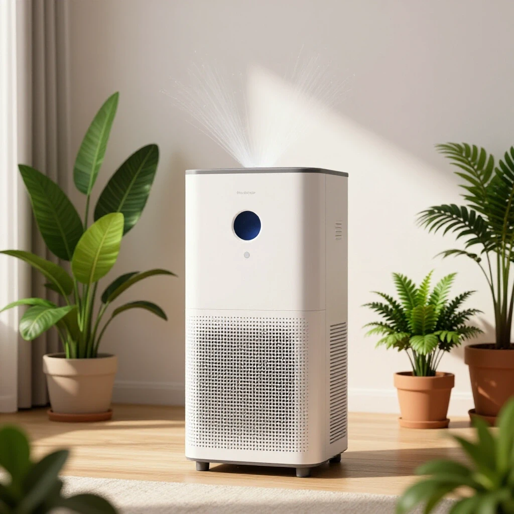 A modern dehumidifier in a cozy room, surrounded by healthy houseplants and soft lighting, illustrating moisture control.
