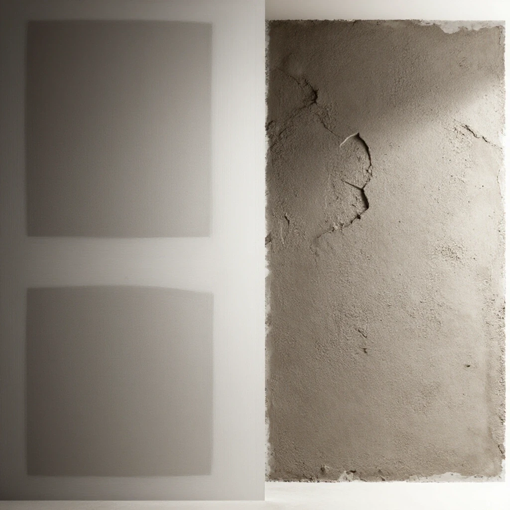 A split-screen image showing polished drywall finish on one side and rough unfinished drywall on the other, illustrating quality contrast.