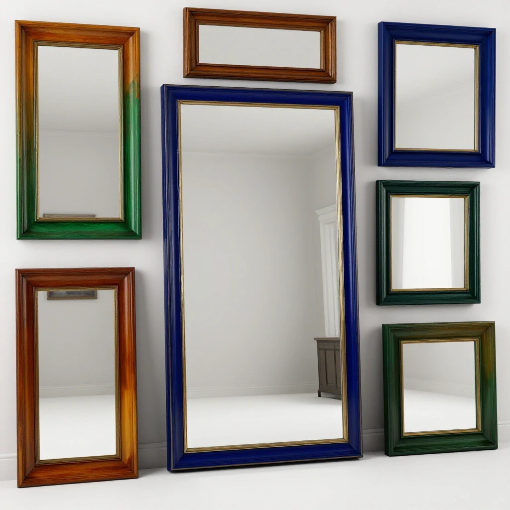 A striking oversized mirror reflecting a renovated room, surrounded by smaller mirrors for contrast.
