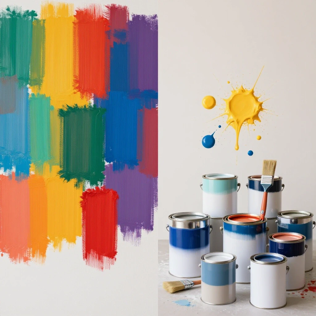 Split image showing a vibrant painted wall and colorful primer cans, representing home renovation.