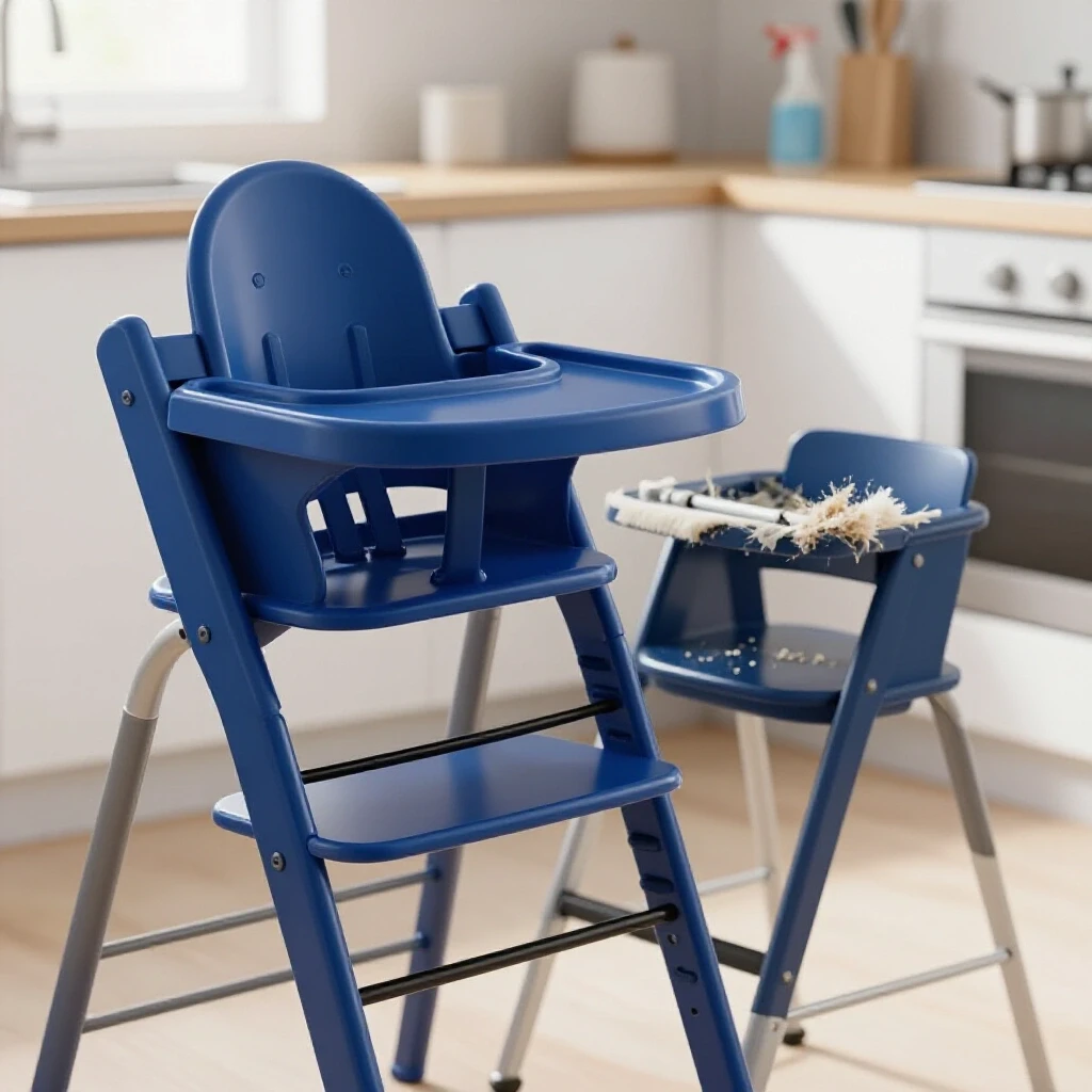 A bright kitchen setting featuring a high chair, half clean and half messy, showcasing maintenance contrast.