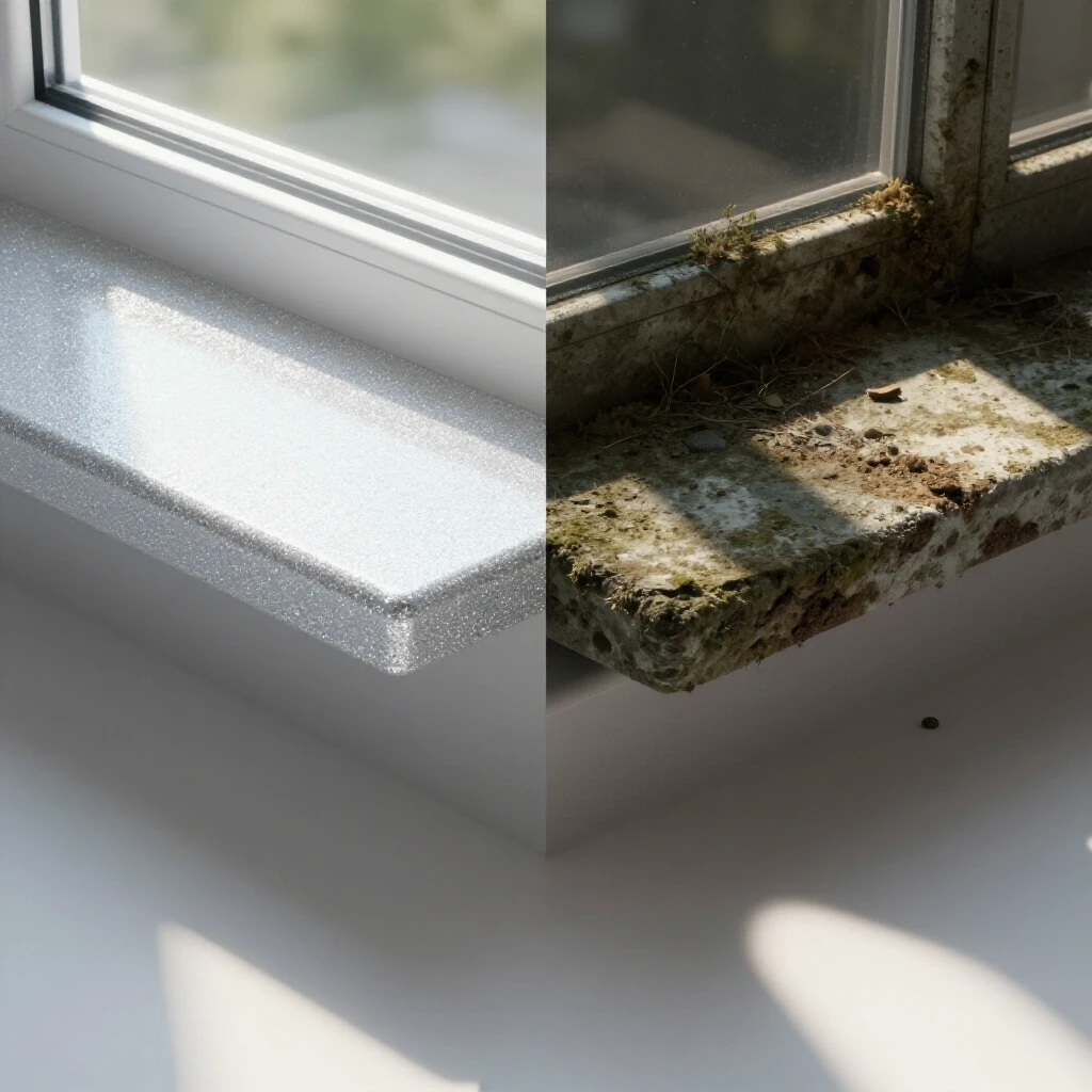 A split window sill image showing a clean, bright side contrasted with a dark, moldy side, highlighting cleaning transformation.