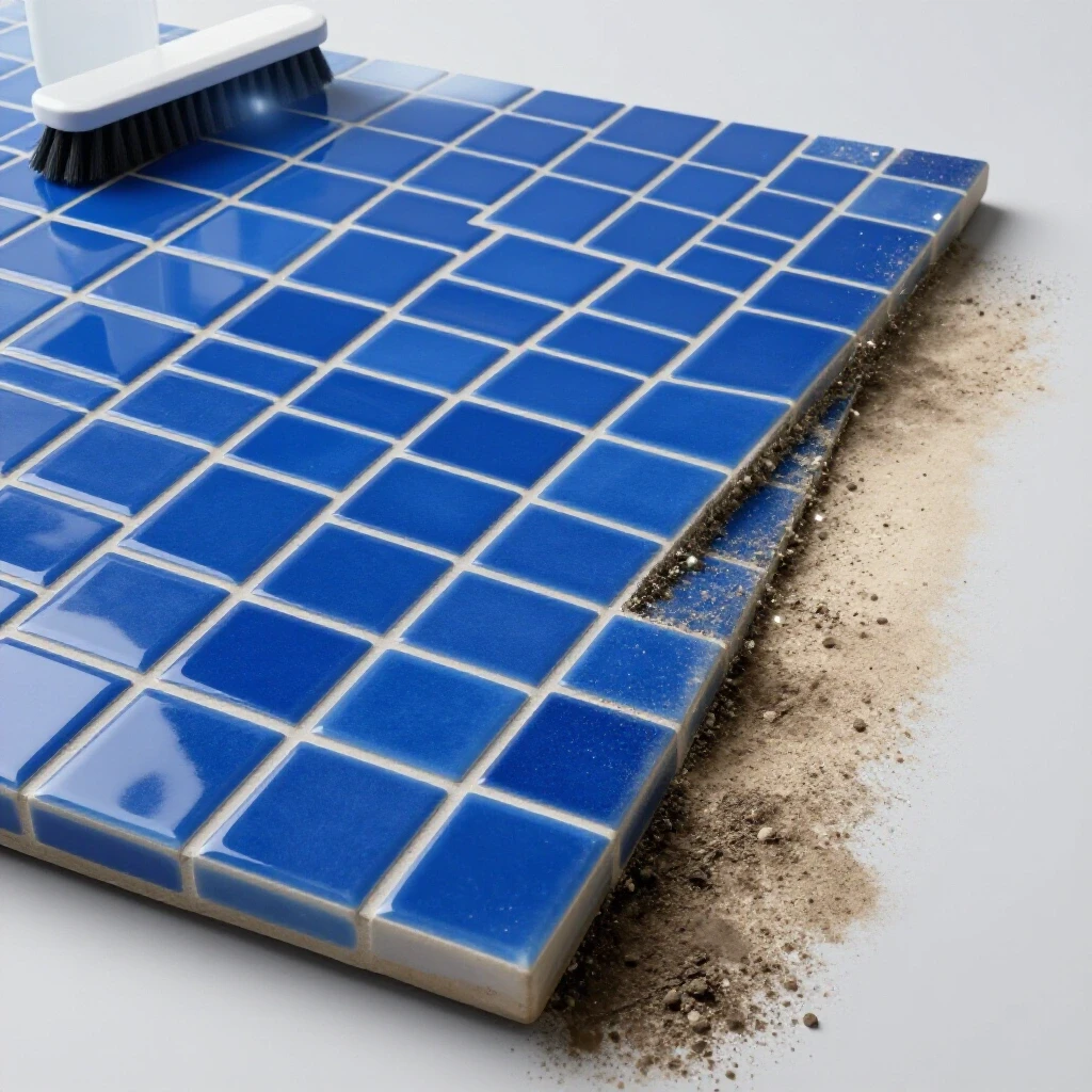 A split image contrasting a clean vibrant tile surface with grimy grout lines, surrounded by cleaning tools and sparkling effects.