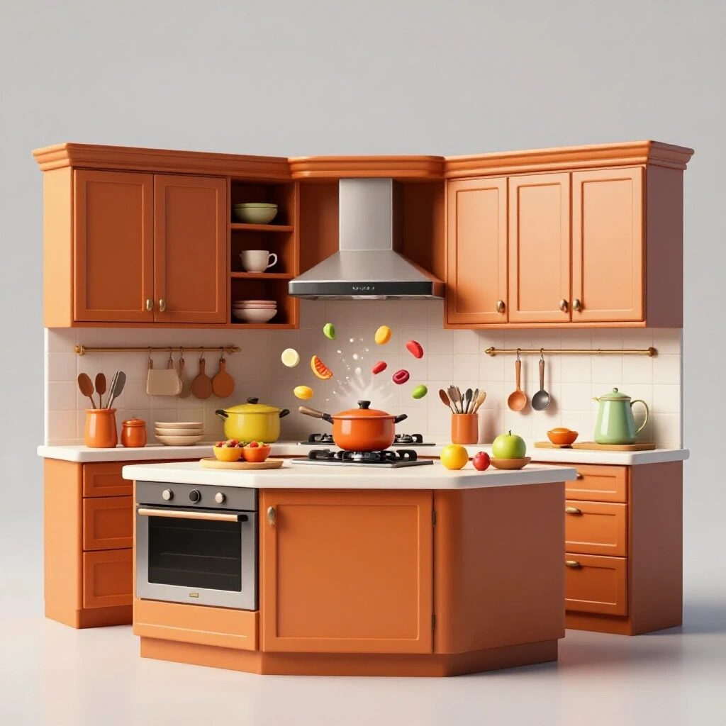 A stunning remodeled kitchen with vibrant colors and dynamic cooking action, showcasing the contrast of order and chaos.