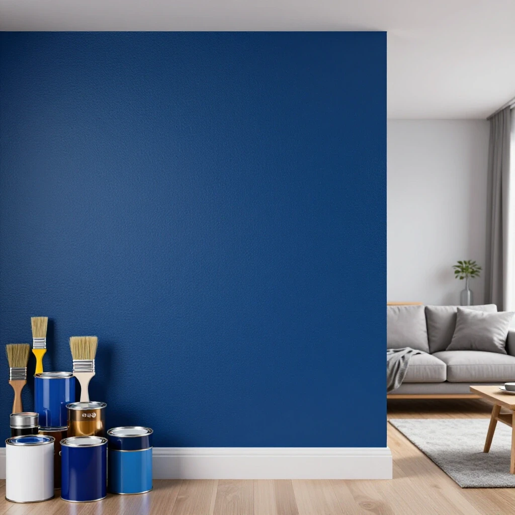 A vibrant blue accent wall flanked by DIY tools and a stylish living space, showcasing home decor potential.