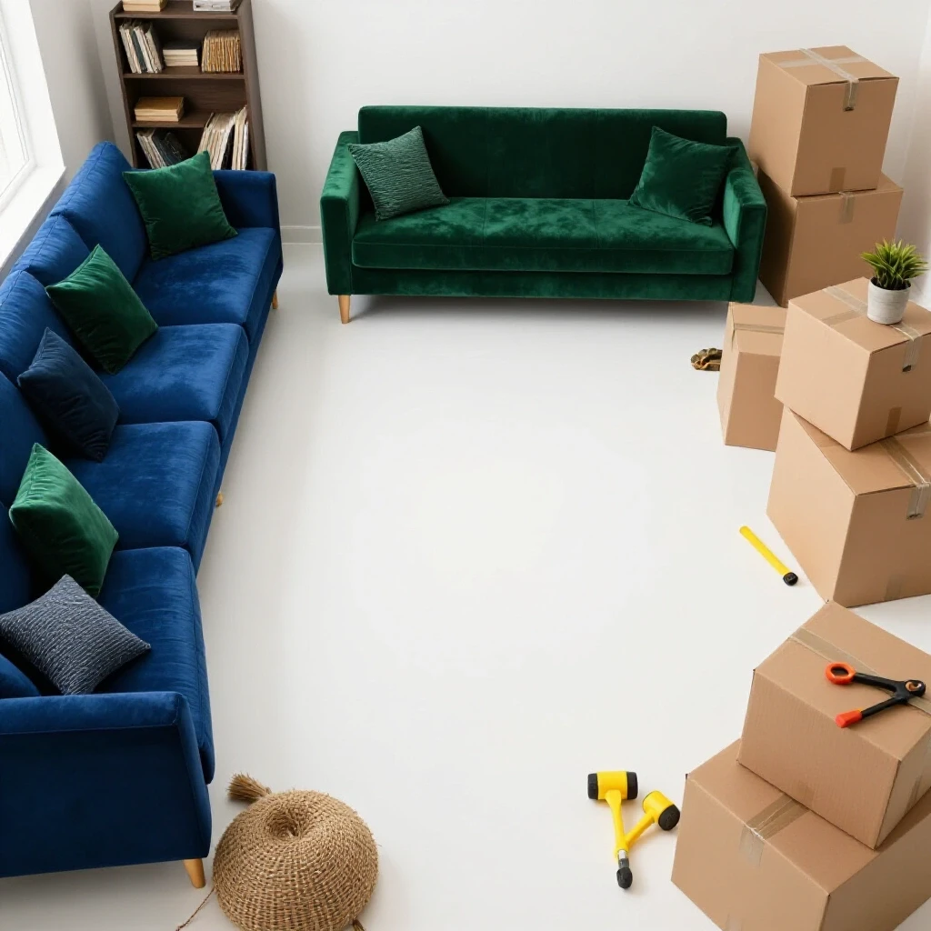 A cozy living room split between organized decor and scattered moving boxes, depicting a move-in journey.