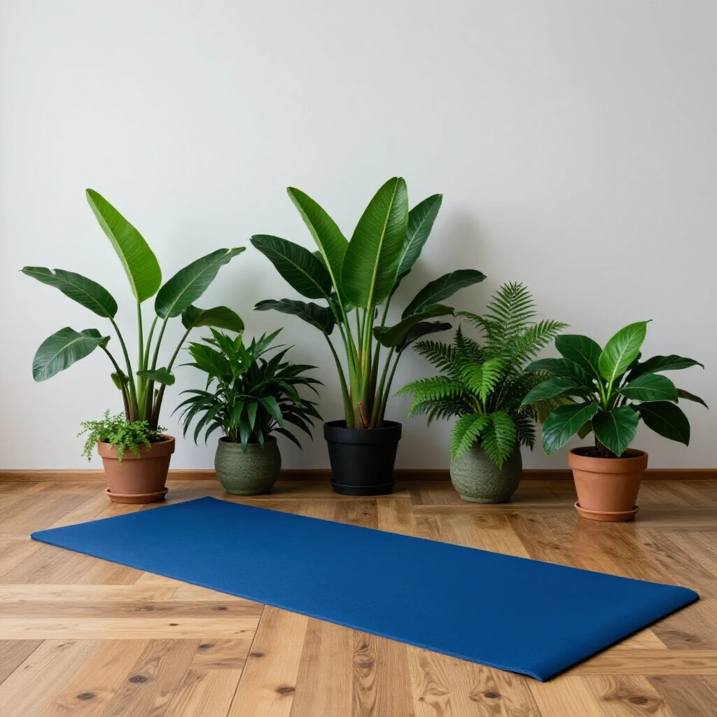 A serene yoga corner with a lush indoor plant, vibrant yoga mat, and accessories set against a bright, clean background.