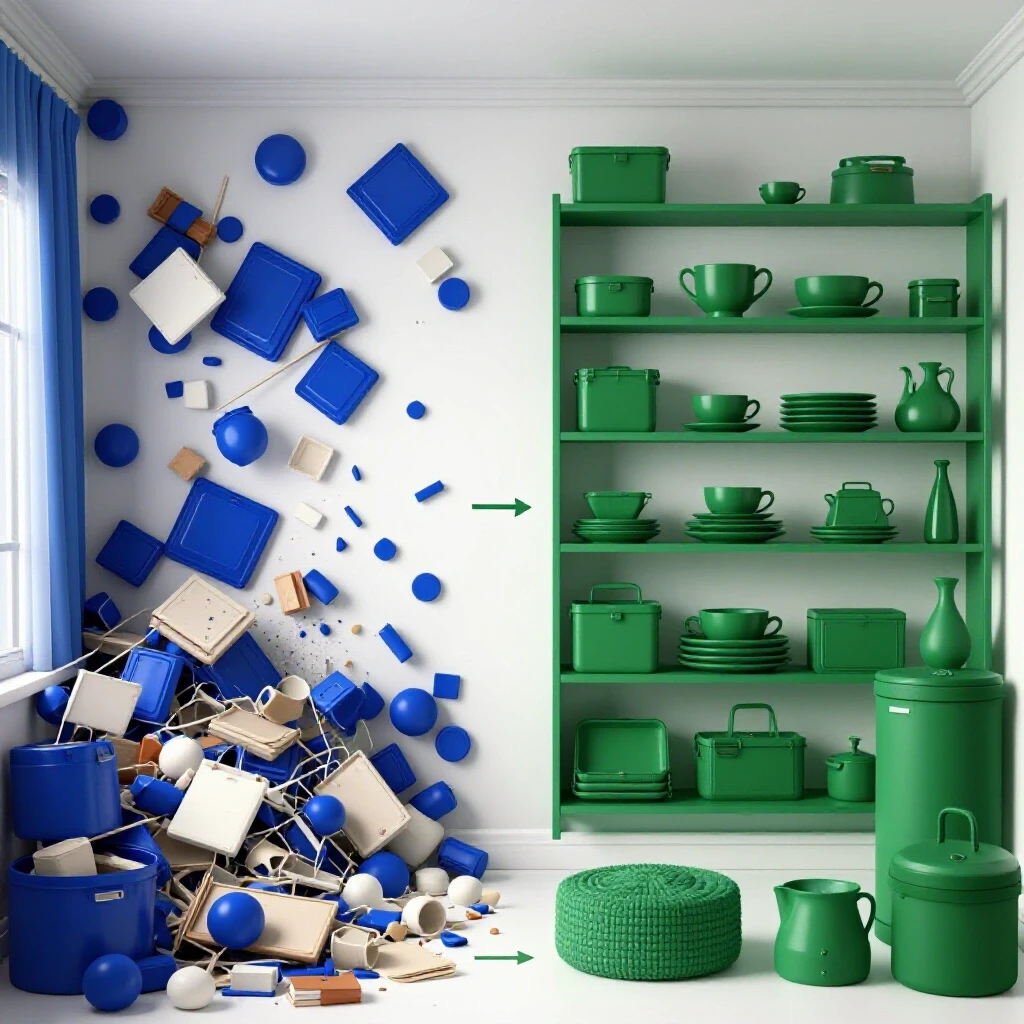 A visually striking room showcasing transformation from chaos to order with contrasting colors.