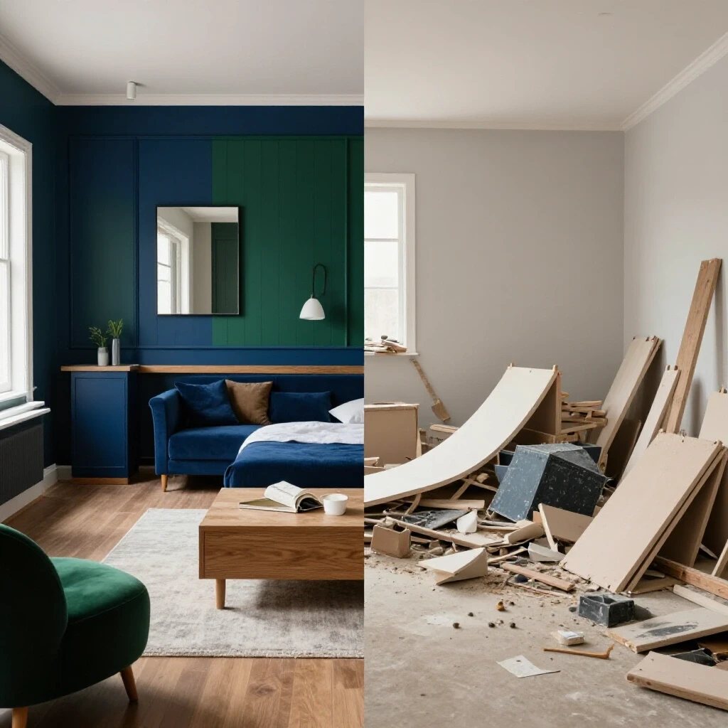 A split image showcasing a warmly renovated room on the left and a chaotic renovation scene on the right, highlighting contrasts in color and style.