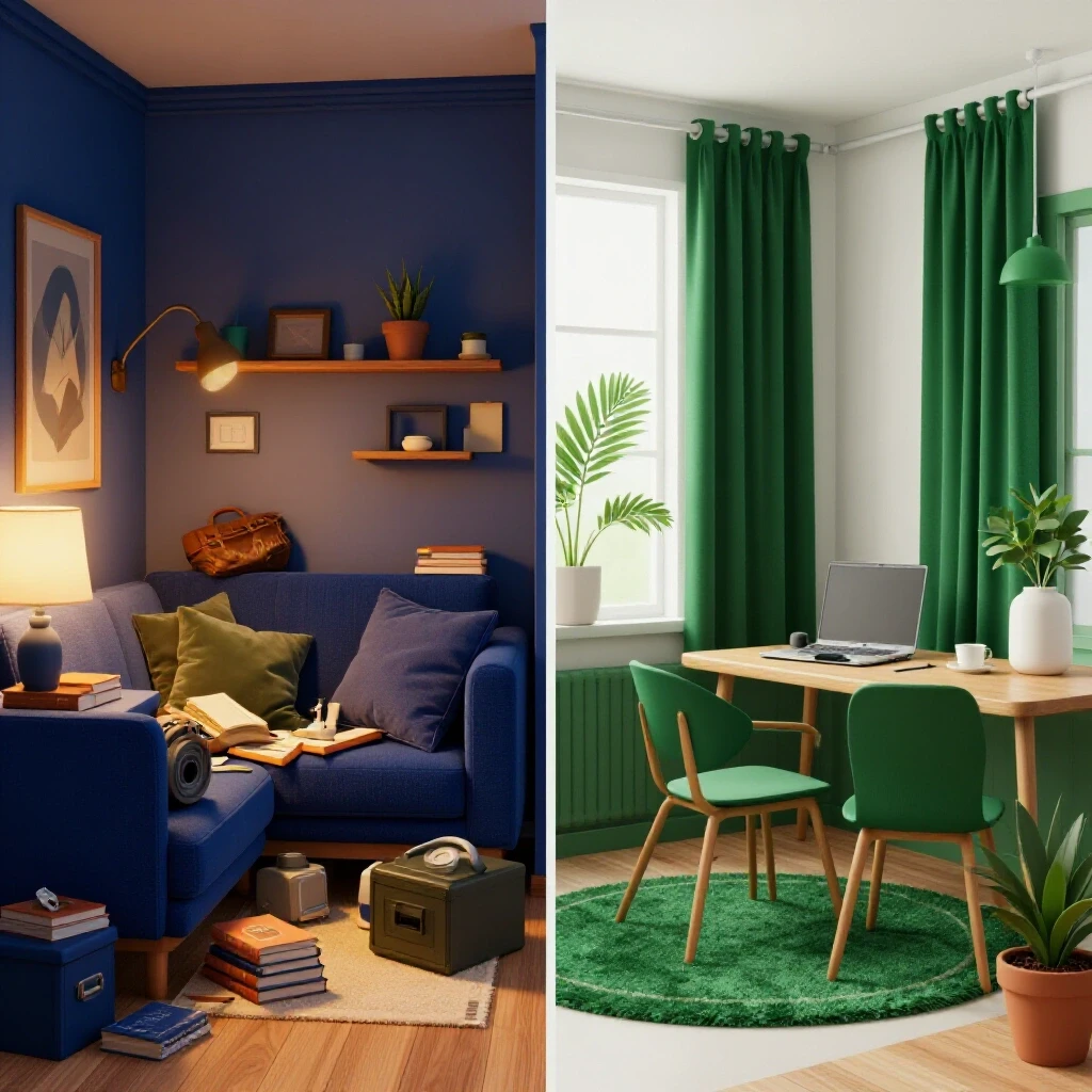 A visually striking juxtaposition of a cluttered room and a serene organized space, showcasing decluttering.