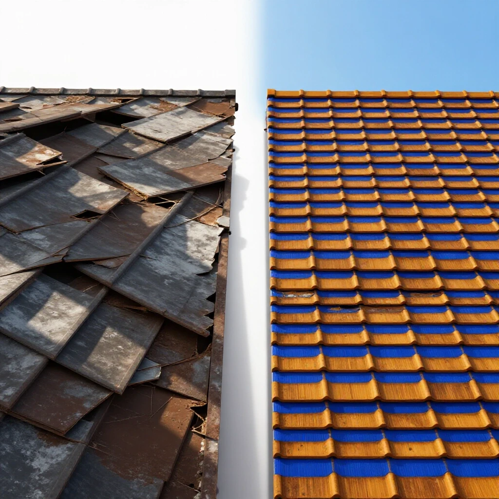 A split scene showing a worn roof on one side and a newly repaired roof under blue sky on the other, illustrating roofing decisions.