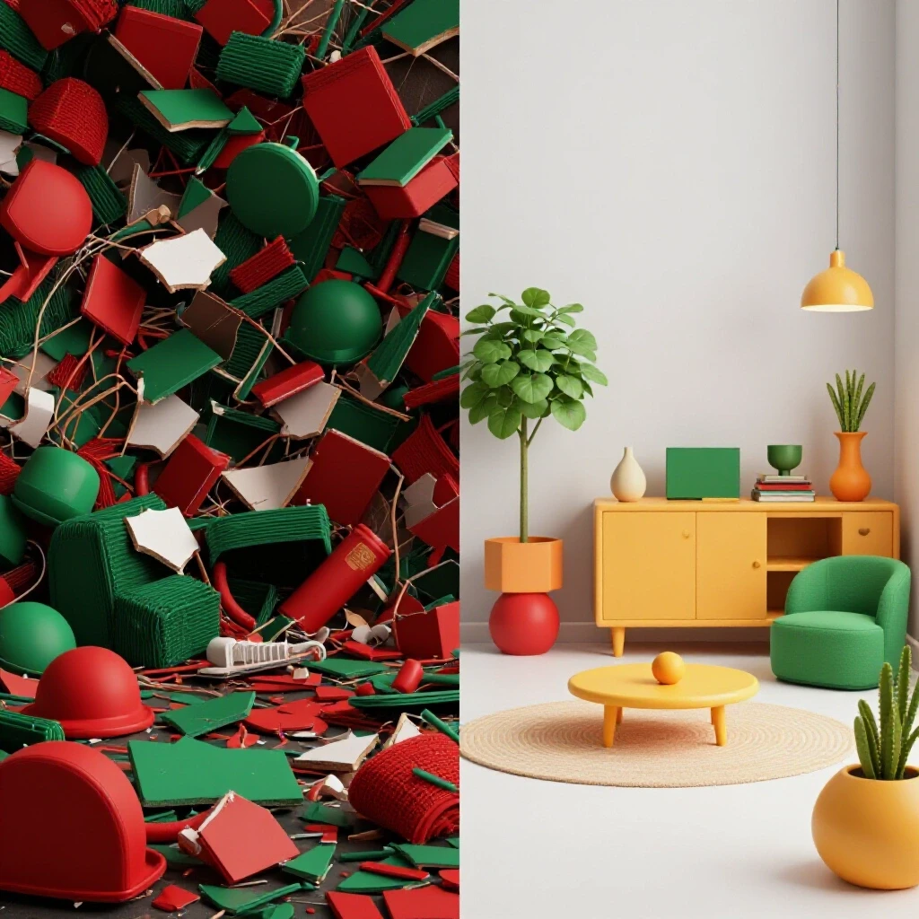 A vivid display contrasting a cluttered space of broken items with a minimalist, organized area, emphasizing the theme of letting go.
