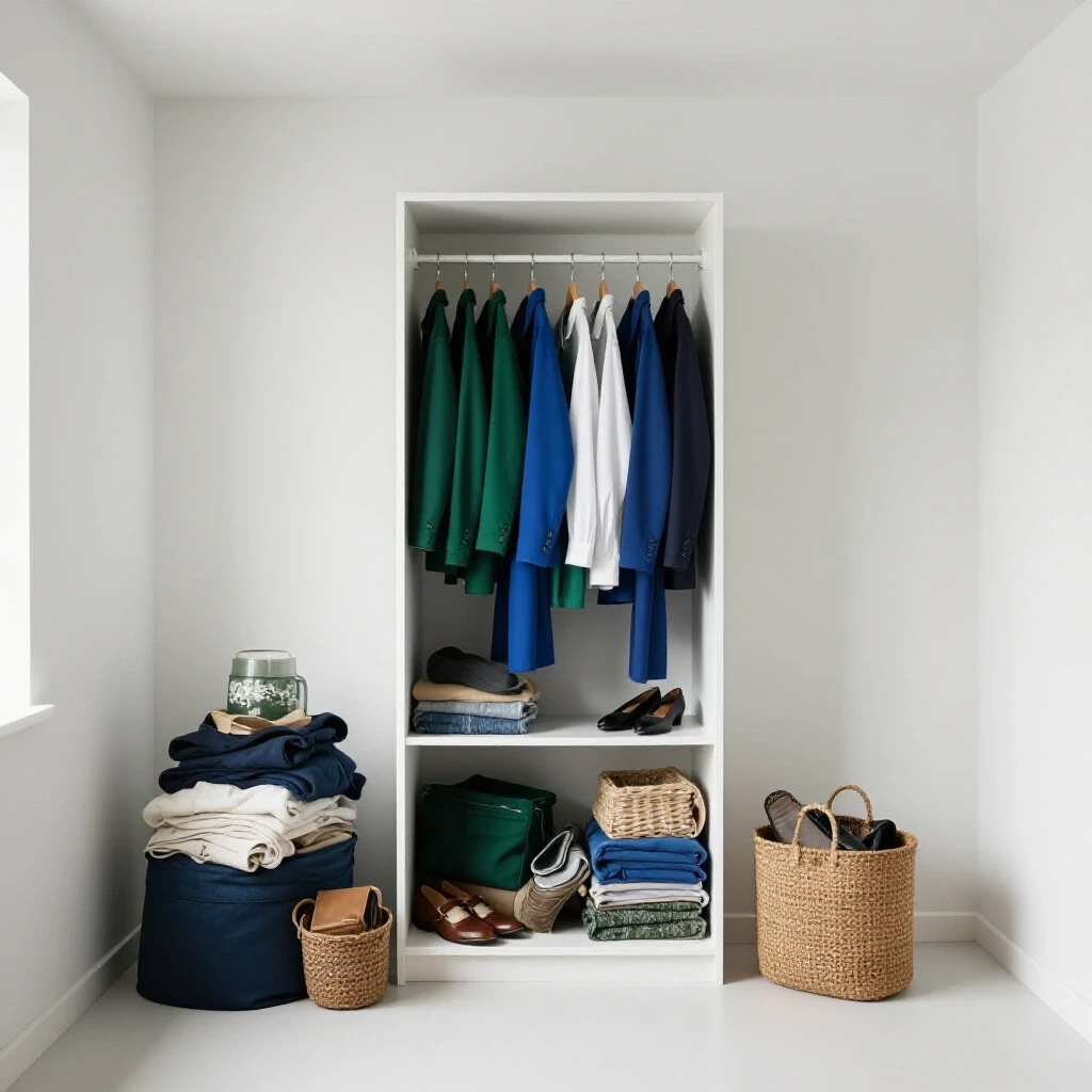 A guest room showcasing an organized area and a cluttered corner, highlighting decluttering potential.