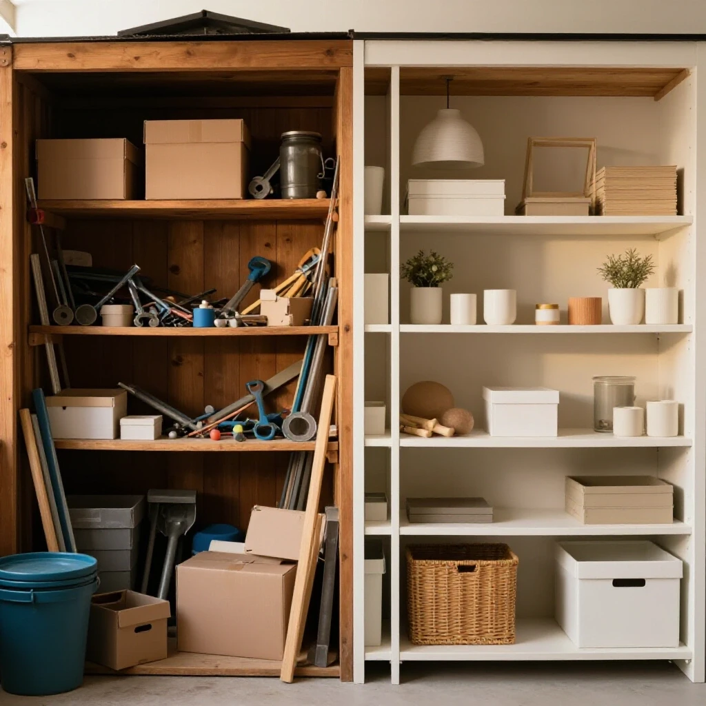 A split-image of a cluttered shed contrasting with an organized shed, highlighting the decluttering process.