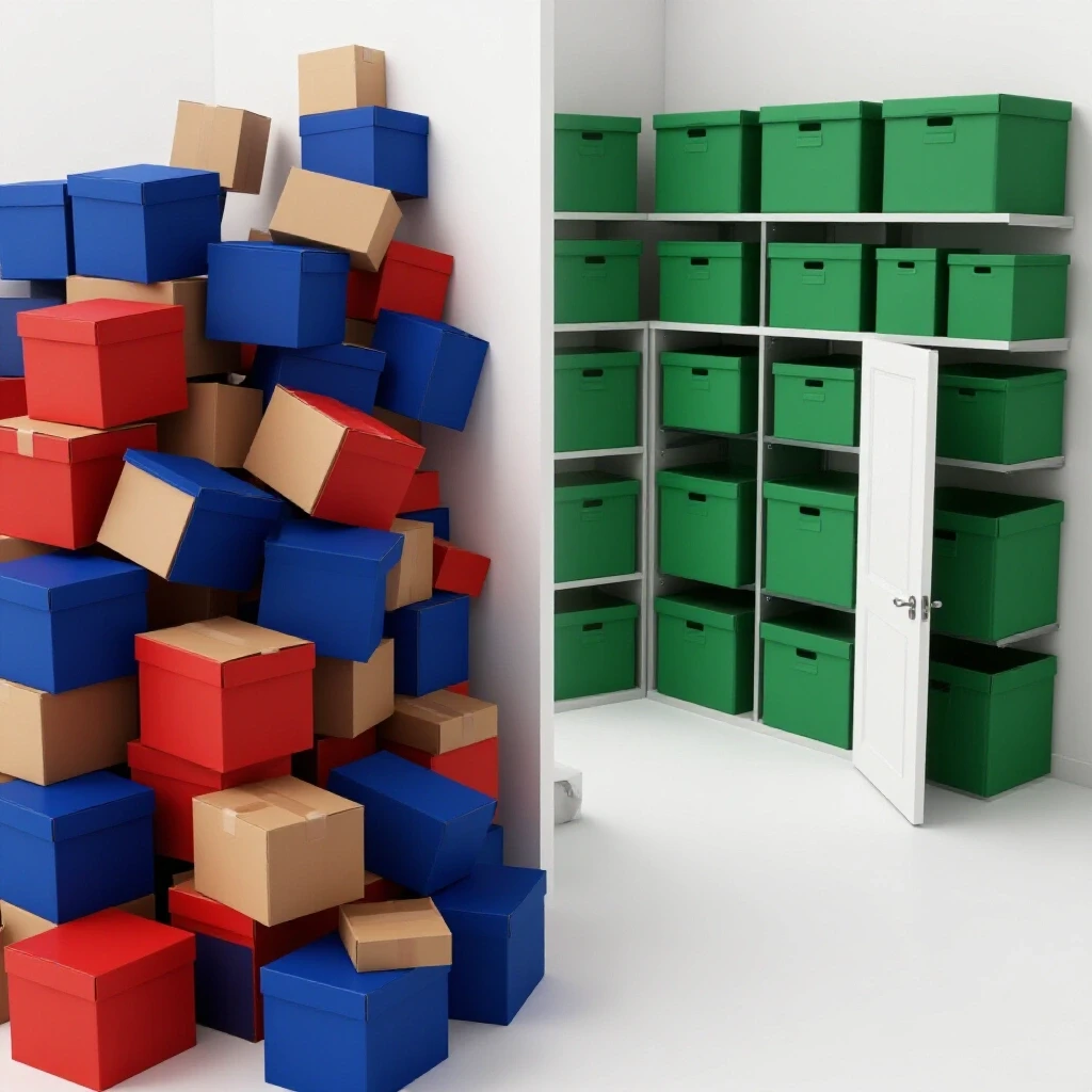 A contrasting image showing a chaotic pile of colored boxes on one side and an organized space on the other with an open door.