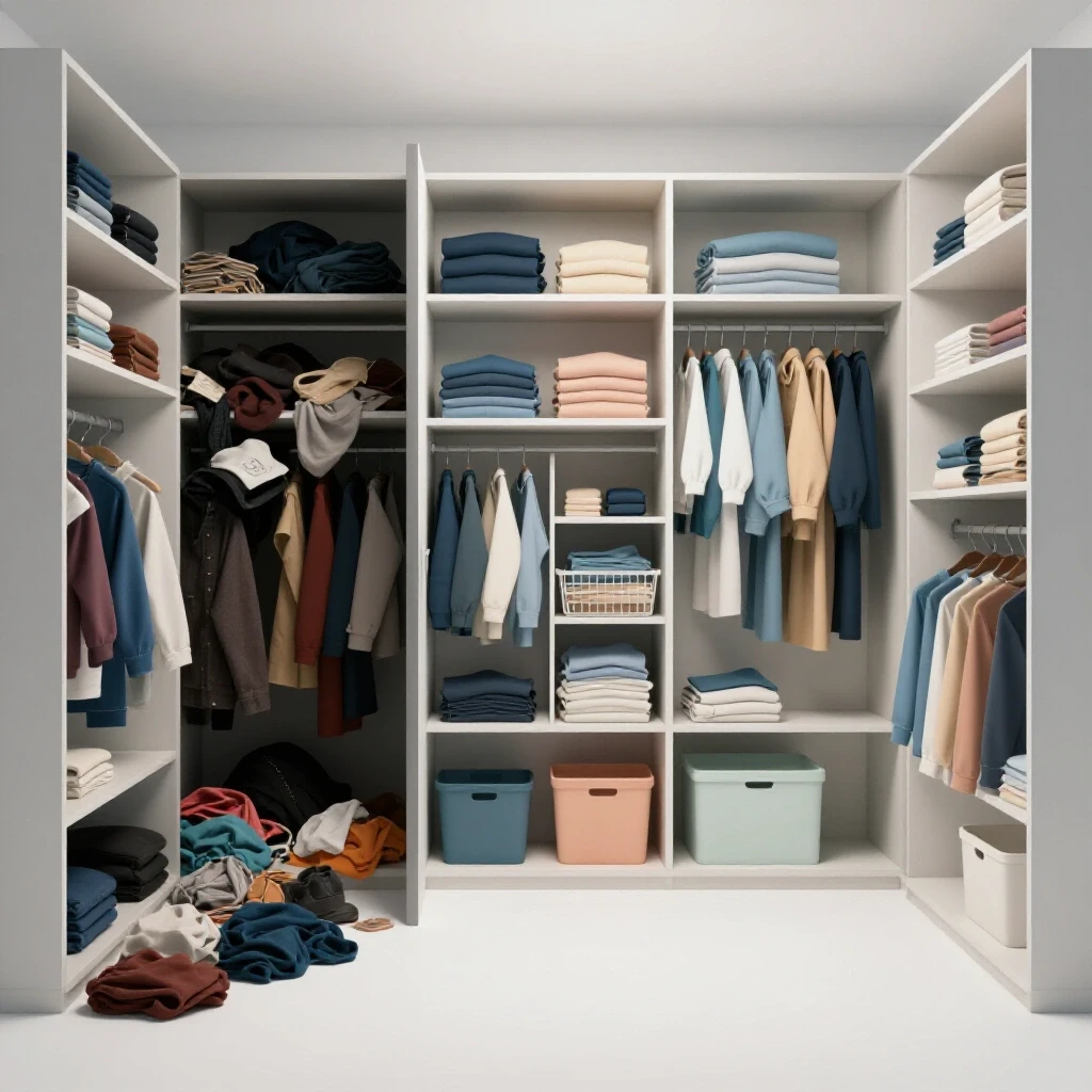 A split image showing a chaotic, cluttered closet on one side and a serene, organized closet on the other, emphasizing decluttering.