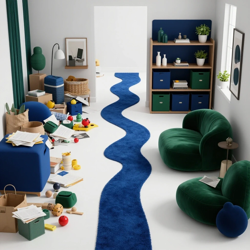 A room scene illustrating decluttering, featuring a chaotic space on the left and an organized area on the right, with rich colors and soft lighting.