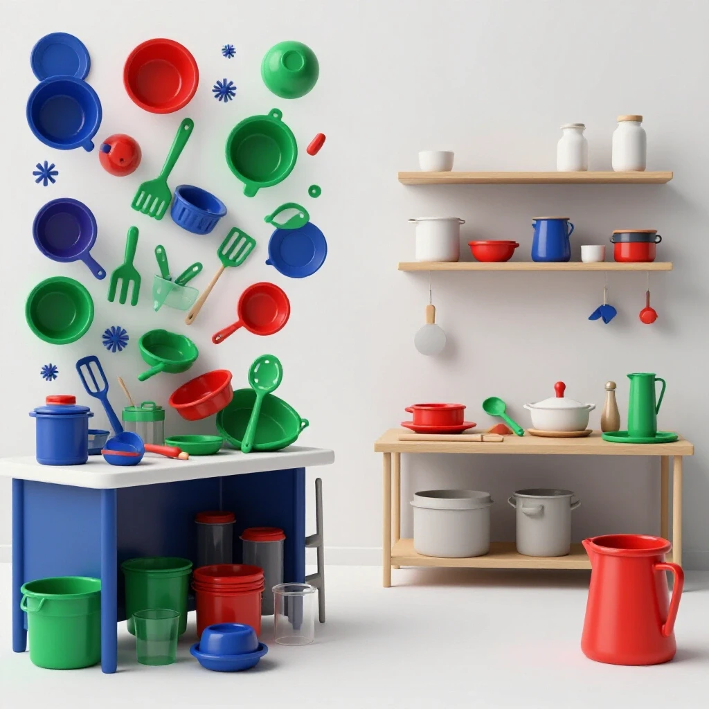 A comparison image of a chaotic baking space filled with clutter and a neatly organized baking area with essential tools.