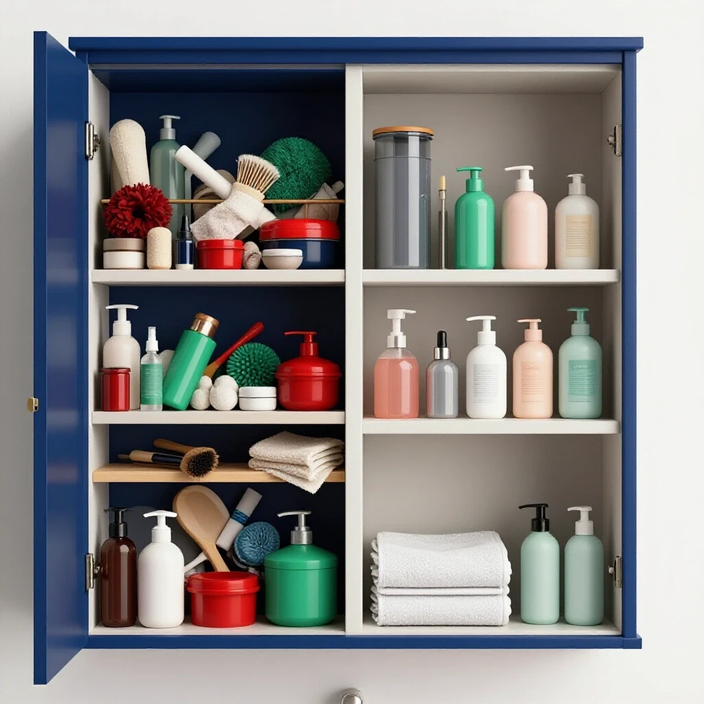 A visually striking split-screen bathroom cabinet: one side cluttered with chaos, the other side neatly organized, showcasing a decluttering transformation.