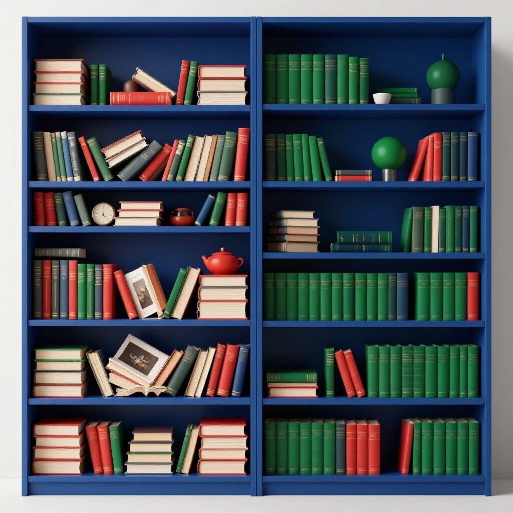 A colorful split bookshelf; one side chaotic with cluttered books, the other side minimalist and organized with decor.