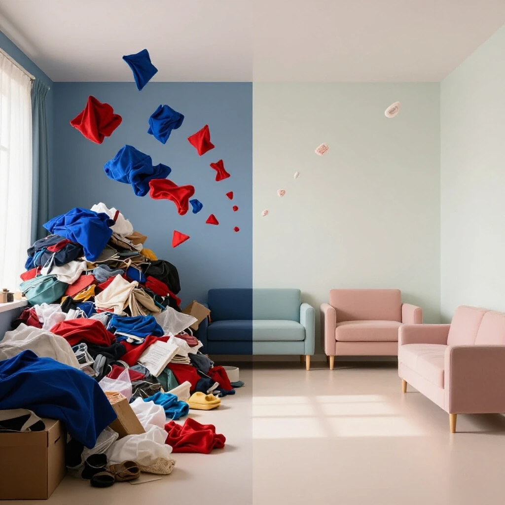 A split image showing a chaotic cluttered room transitioning to a serene, organized space, symbolizing decluttering.