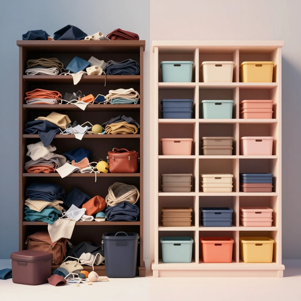 A visually striking image capturing the contrast between a cluttered closet and an organized space, symbolizing decluttering.