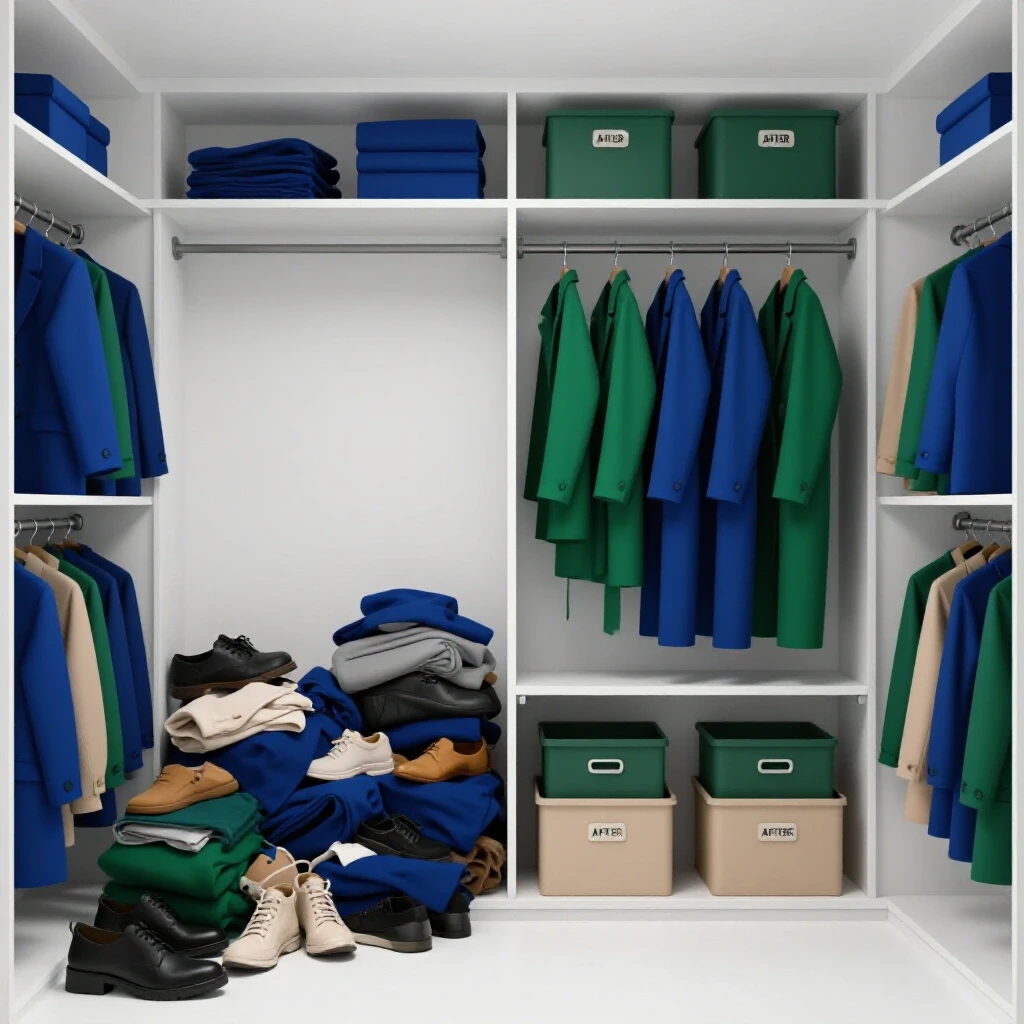 A before-and-after image of a coat closet transformation, showcasing clutter versus organization and efficiency.