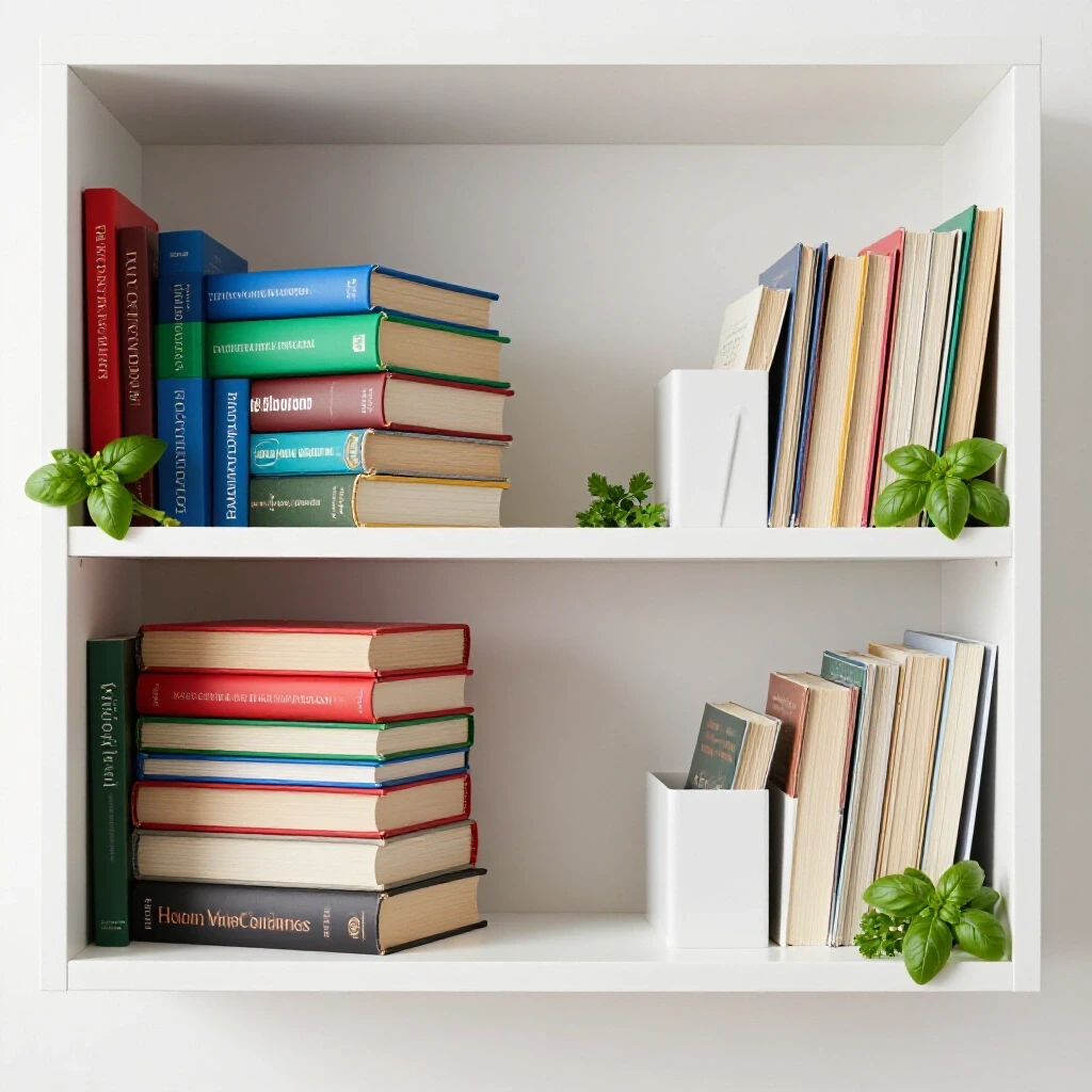 An organized kitchen shelf displaying colorful cookbooks and minimalist holders, surrounded by fresh herbs in a bright setting.