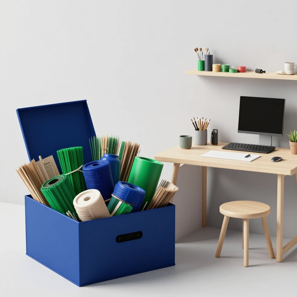 A vibrant craft supply box overflowing with colorful materials next to an organized minimalist workspace, creating a visual contrast of chaos and order.