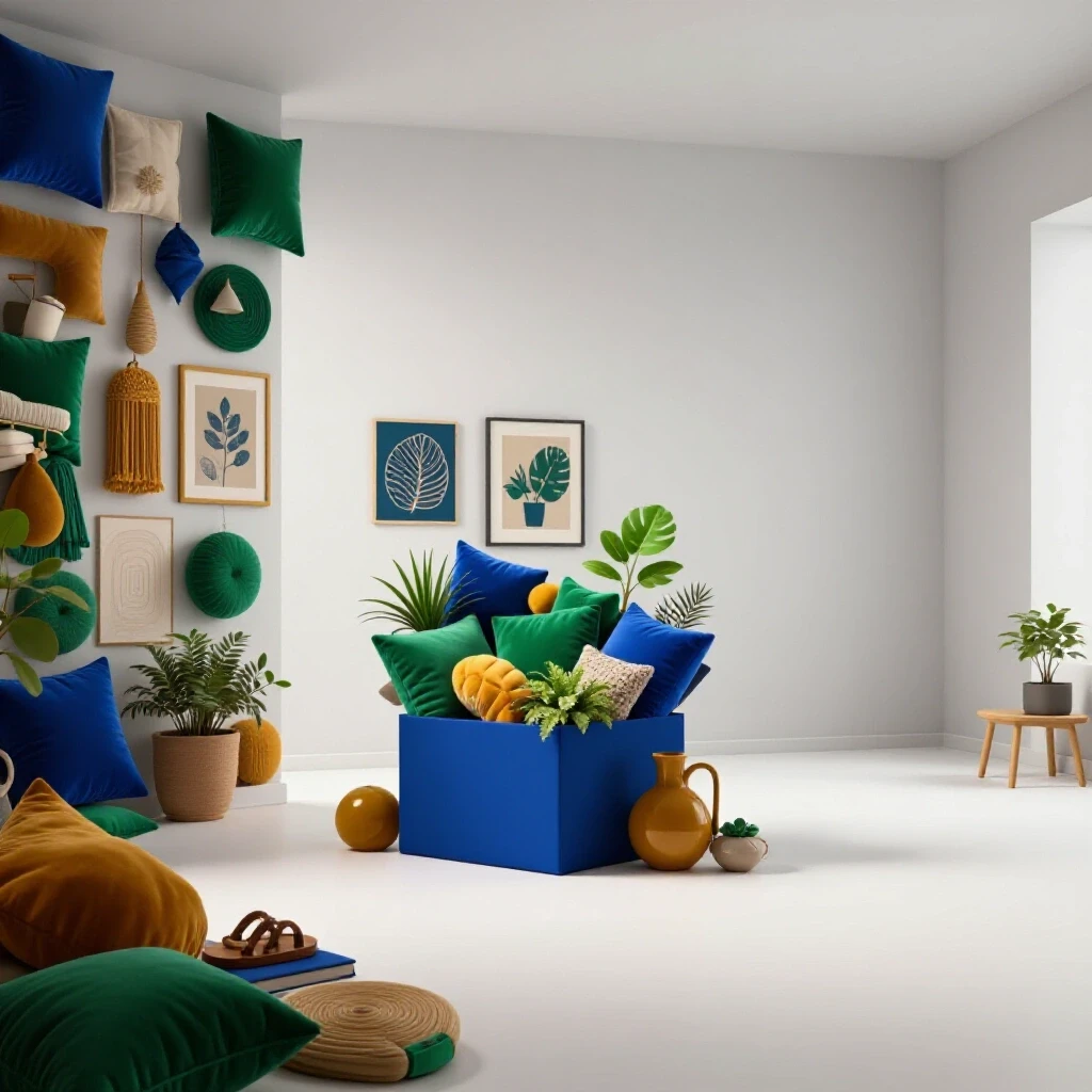 A visual representation of a chaotic room contrasted with a calm minimalistic space around a colorful box, symbolizing home decluttering.