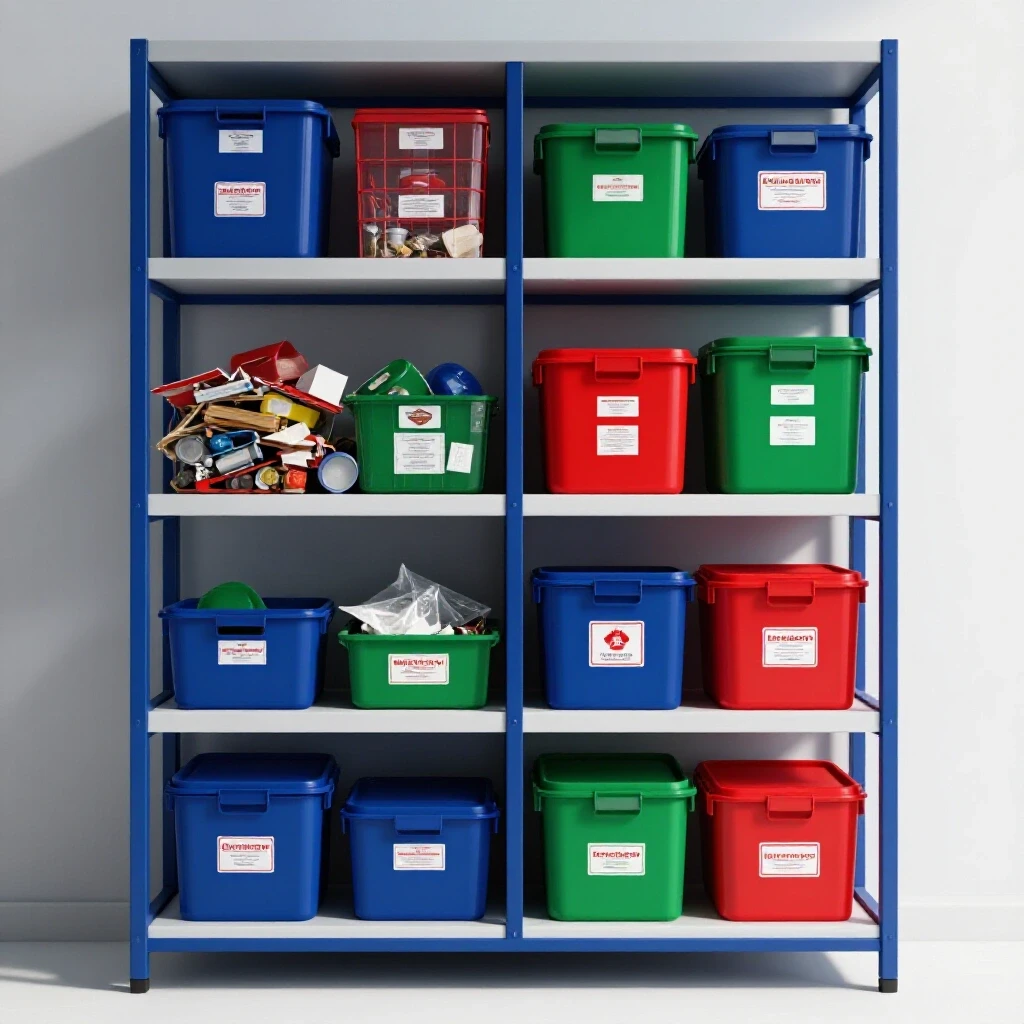 A visually striking emergency supply shelf demonstrating organization with contrasting colors and a bright background.