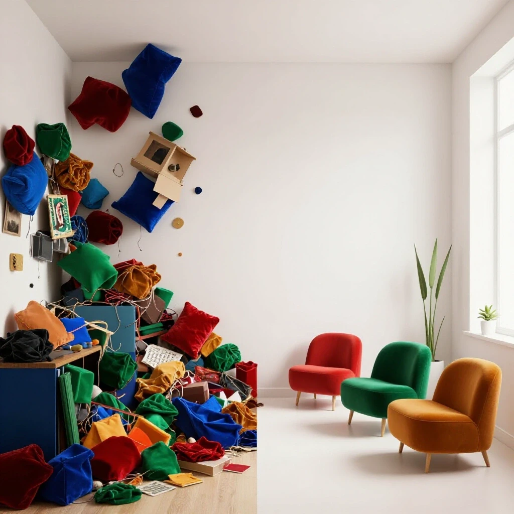 A split image showing a cluttered room on the left and a minimalist space on the right, with vibrant colors and bright light.