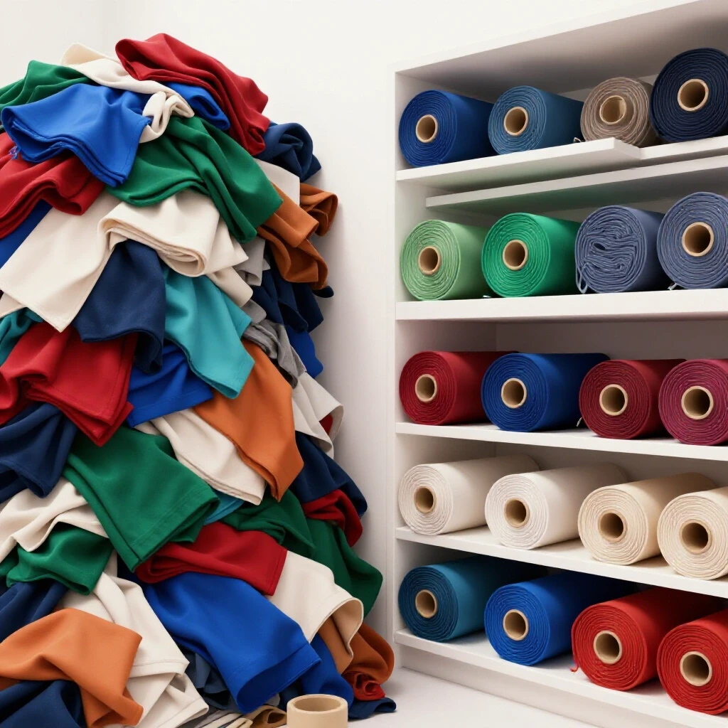 A striking visual of colorful fabrics in chaos transitioning to an organized shelf, showcasing fabric rolls neatly arranged.